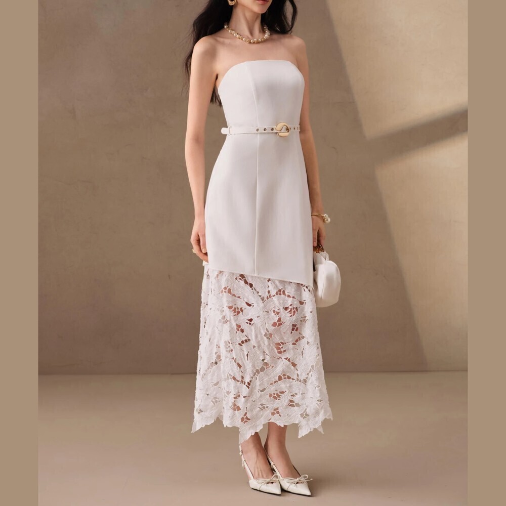 White Strapless Belted Lace Hem Midi Dress